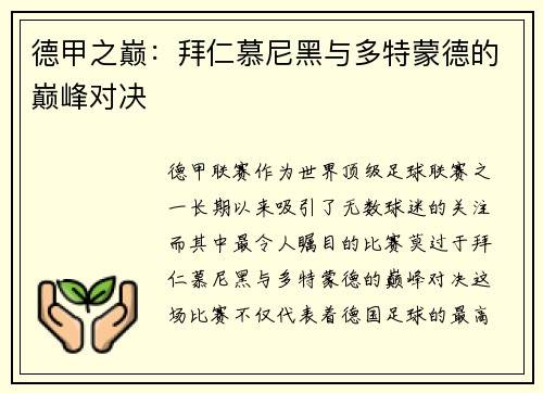 德甲之巅：拜仁慕尼黑与多特蒙德的巅峰对决
