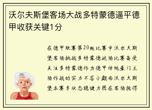 沃尔夫斯堡客场大战多特蒙德逼平德甲收获关键1分